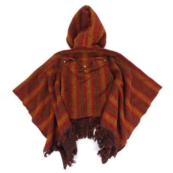 Himalayan Artisan Handmade Red Woven Poncho with Backpack Hoodie One Size - Picture 2 of 7